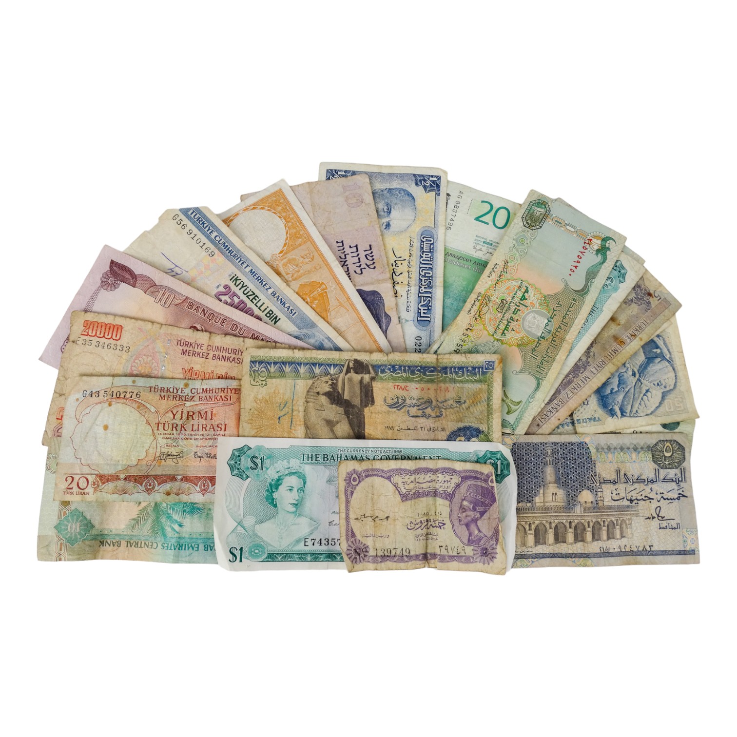 A quantity of foreign banknotes - including The Bahamas, United Arab Emirates, Turkey, Morocco,