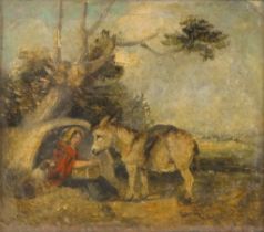 19th Century British School Wayside Traveler with a Donkey Oil on panel Framed and glazed Picture