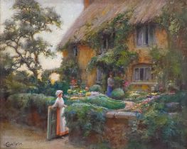 # Charles William NORTON (c. 1870-1946) Thatched Cottage With Girl At The Gate Oil on board Signed