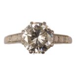 A platinum solitaire diamond ring - the old cut diamond of 2ct approximately, size L, weight 4g.