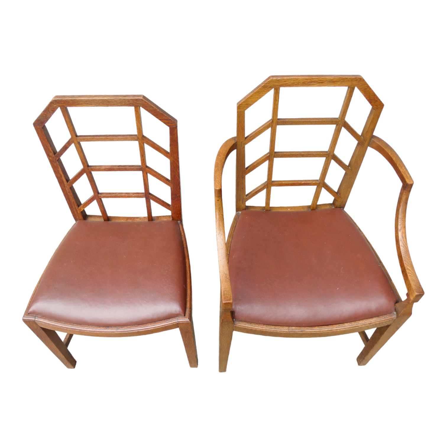 A set of early 20th century oak dining chairs - in the Arts & Crafts manner, after Heals, two with - Image 4 of 6