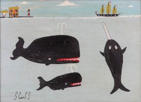 Steve CAMPS (Cornish contemporary b. 1957) Two Whales And A Narwhale Acrylic on board Signed lower