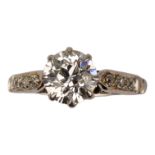 A platinum solitaire diamond ring - the old cut stone of 1.3ct approximately, size L, weight 4g.