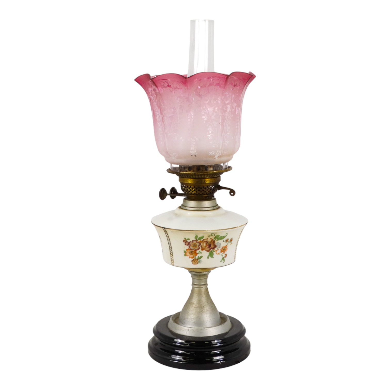 A late Victorian oil lamp - the milk glass reservoir decorated with flowers and an etched glass - Image 2 of 8