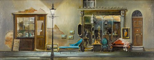 B. WEATHERILL (20th Century British) Antiques Shops, Street Scene Oil on board Inscribed verso