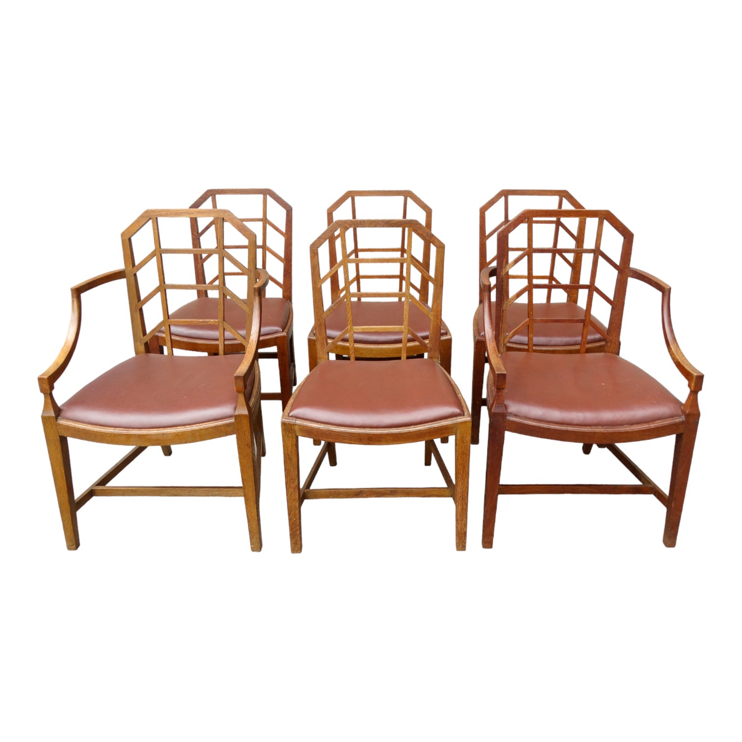 A set of early 20th century oak dining chairs - in the Arts & Crafts manner, after Heals, two with - Image 2 of 6