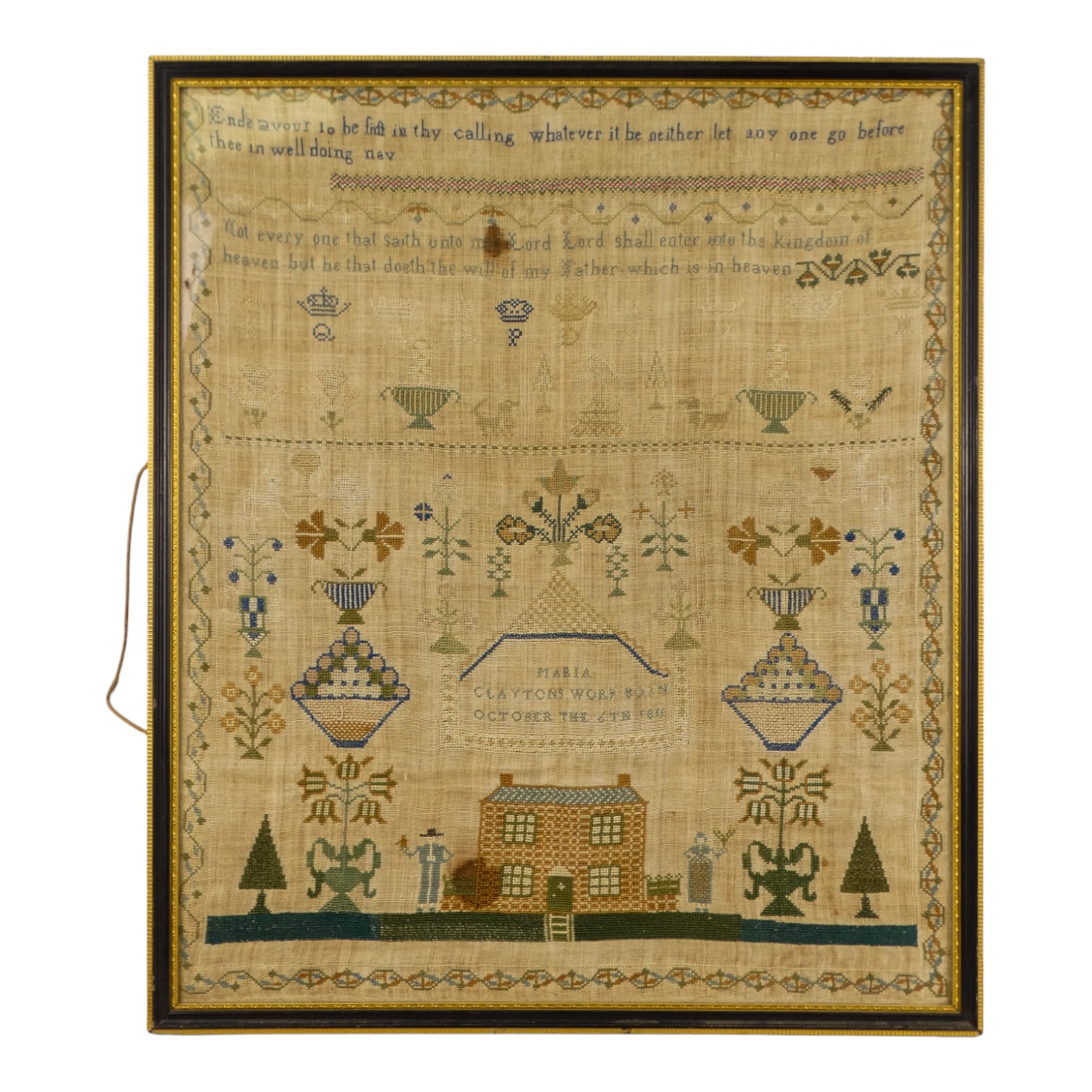 An early 19th century sampler - Maria Clayton, dated 6th October 1811, of typical form with cottage,