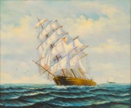 R. F. WALKER (20th Century) Clipper In Full Sail Oil on canvas Signed lower right Framed Picture