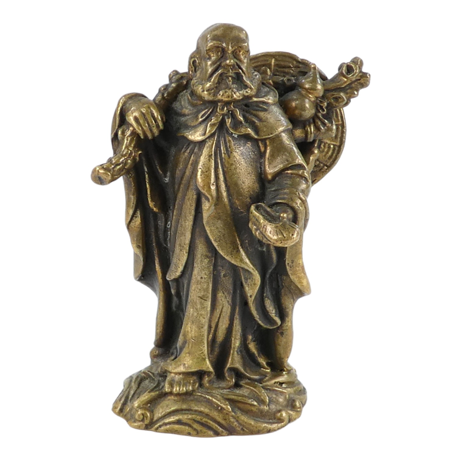 A late 19th century cast brass oriental figure - the figure with a gnarled stick and holding a shoe,