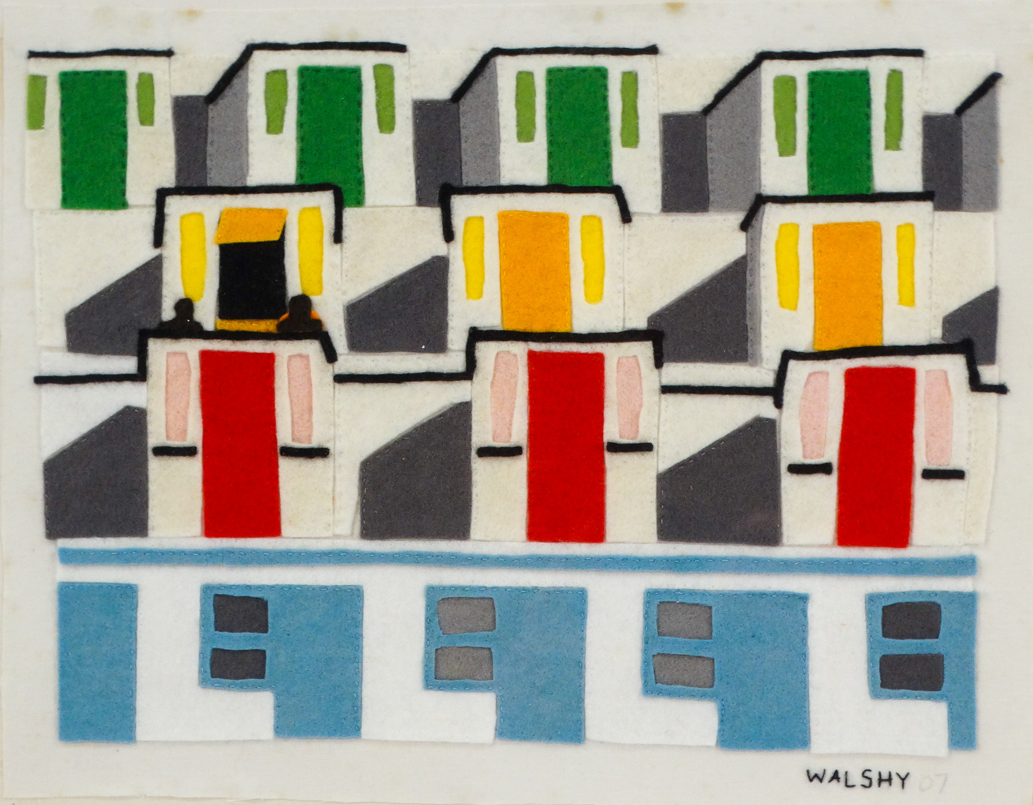 Emma WALSH (WALSHY b. 1973) Beach Huts 2 Felt on cotton Signed and dated 07 in thread lower right