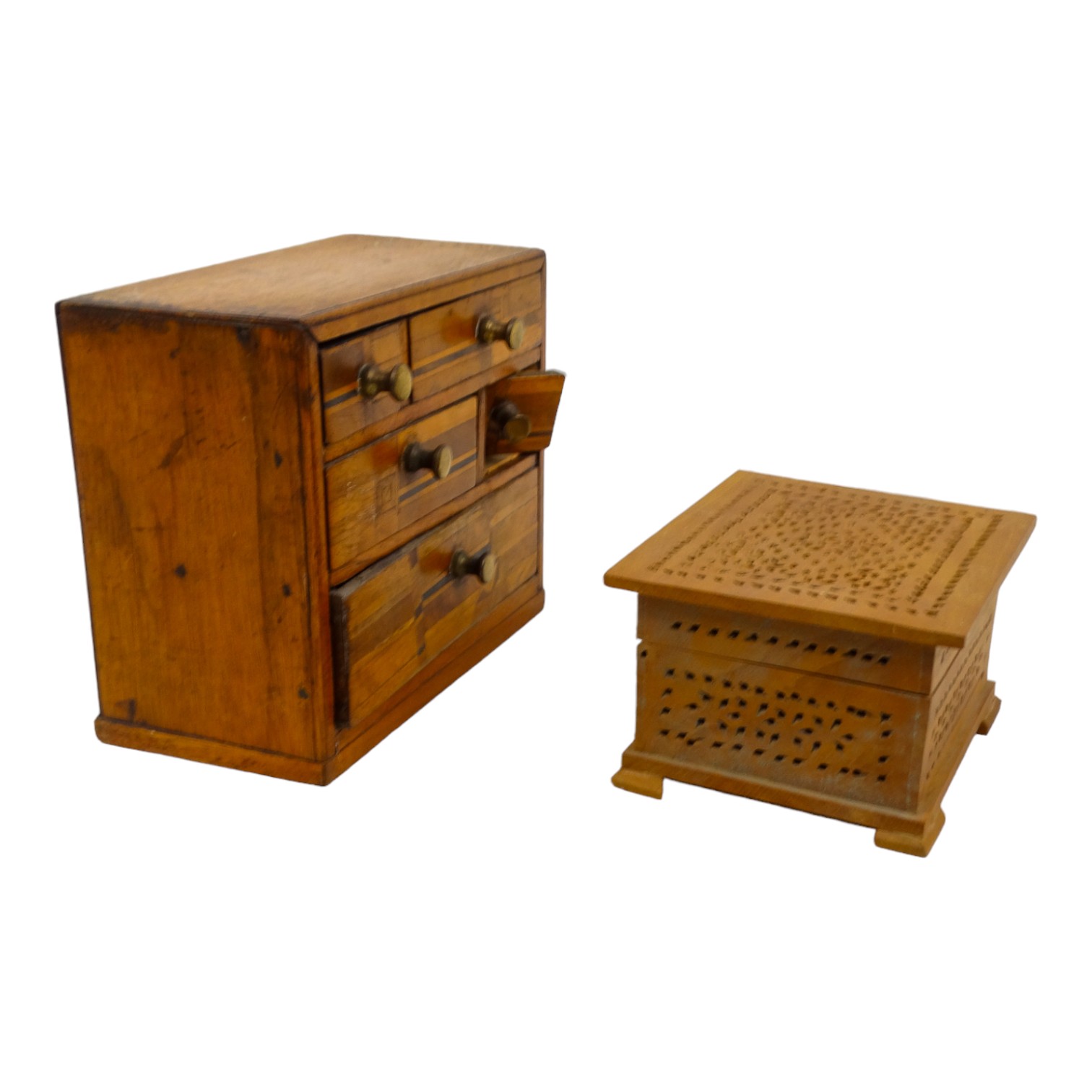 A late 19th century miniature chest - with asymmetrical inlay to drawers, 14cm wide - Image 3 of 4