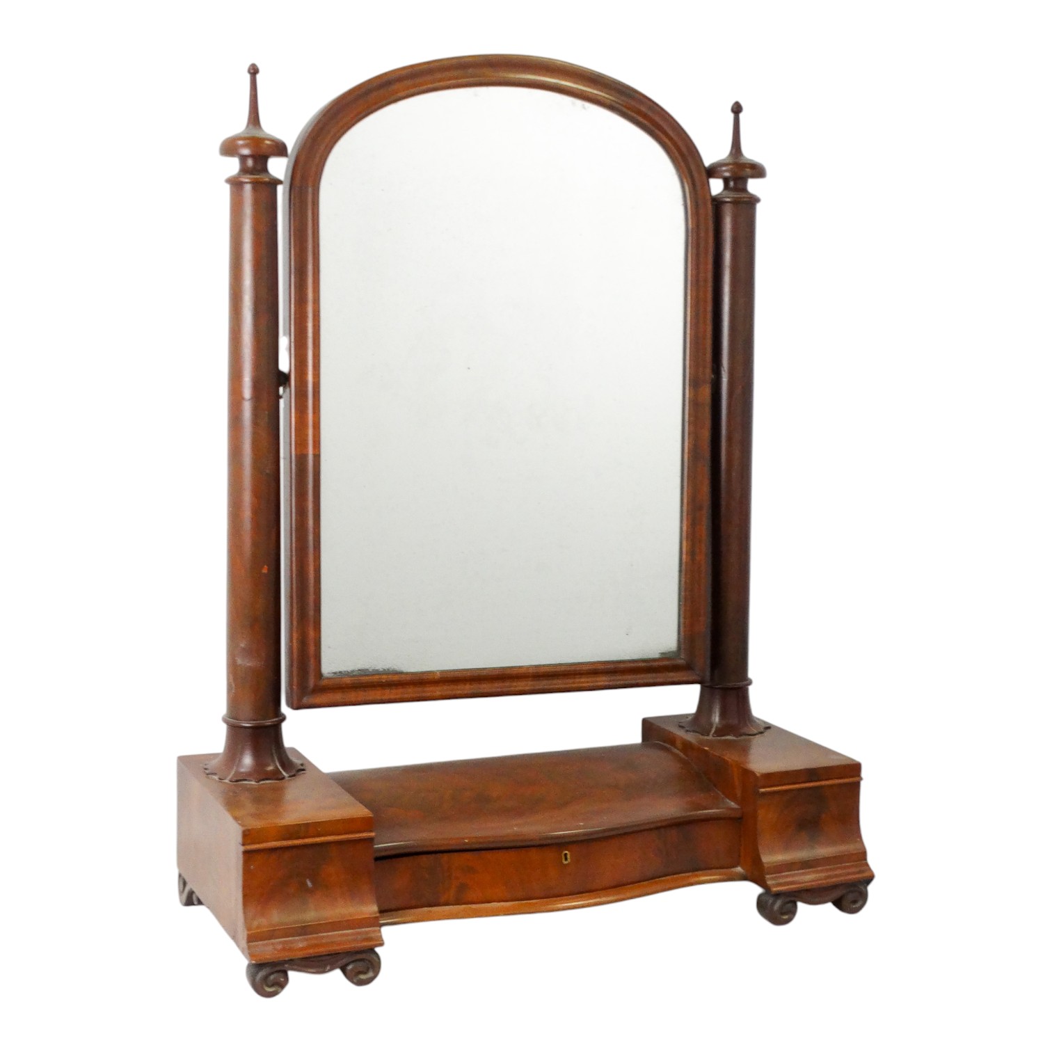 A Victorian mahogany toilet mirror - the arched rectangular plate between columnar supports, the