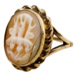 A 9ct gold cameo ring - oval and decorated with the three graces, size L, 4.4g