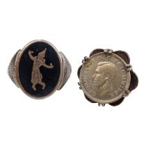 A silver ring set with a six pence - size L together with a Siamese niello ring, 14g (2)