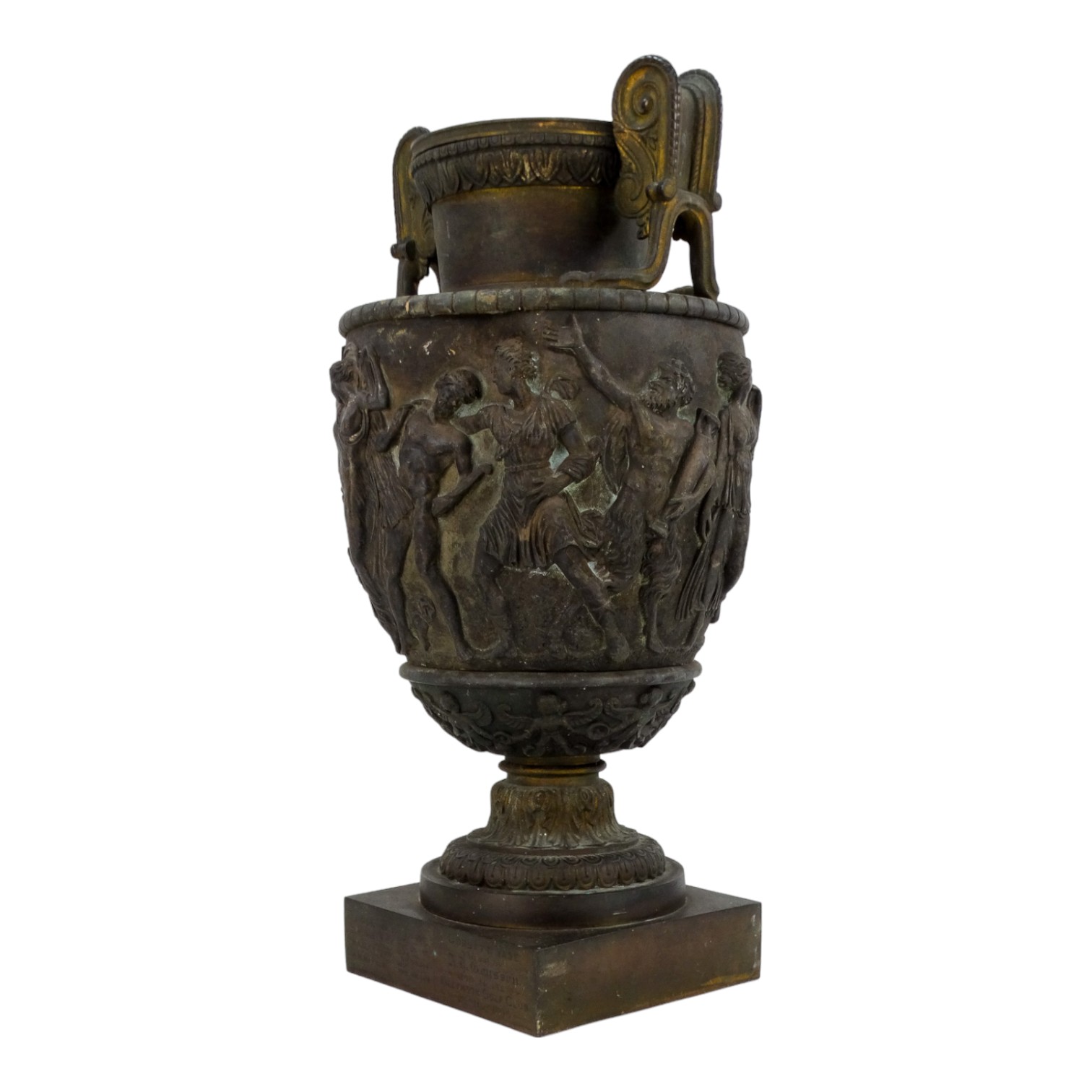 A late 19th century neoclassical bronze vase - with a pair of twin handles, decorated with a band of - Image 2 of 9