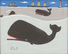 Steve CAMPS (Cornish contemporary b. 1957) Whale Dance Acrylic on board Signed lower left, dated