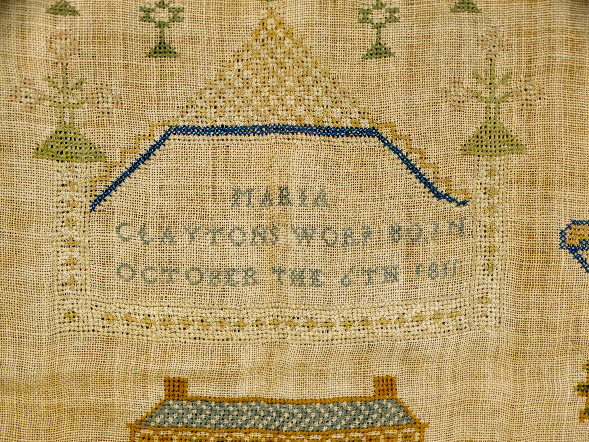 An early 19th century sampler - Maria Clayton, dated 6th October 1811, of typical form with cottage, - Image 2 of 6