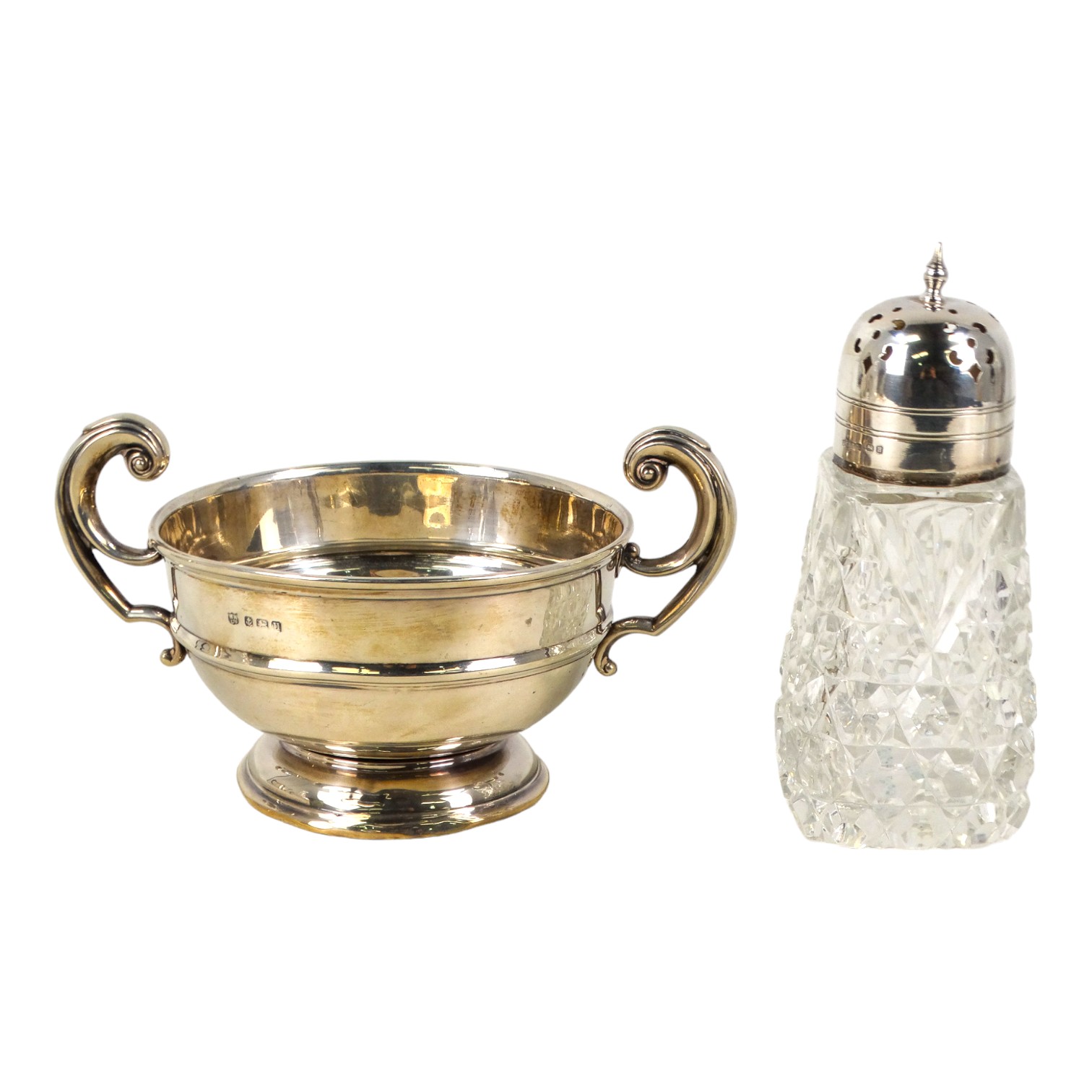 A small silver twin handle rose bowl - Birmingham 1919, plain form with a gridle, together with a - Image 4 of 6