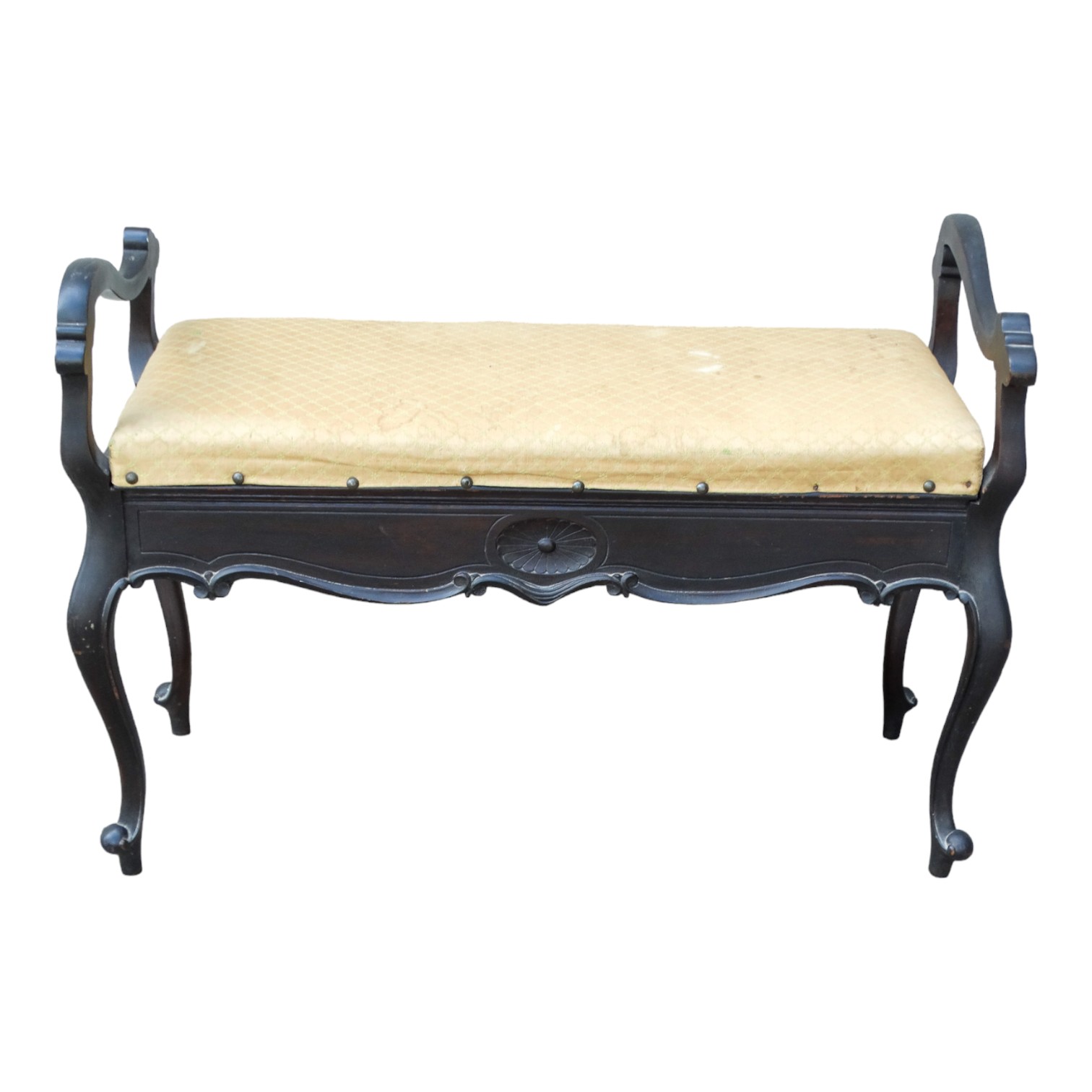 An Edwardian ebonised duet stool - the upholstered seat with yellow jacquard weave upholstery