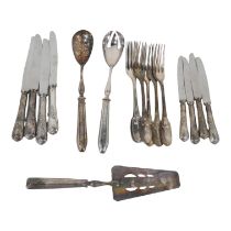 Six Christofle white metal table forks - stamped with purity marks, together with eight various