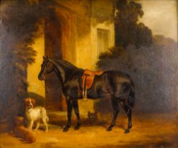 Attributed to John Frederick HERRING Bay Horse Outside a Cottage Oil on board Signed with initials