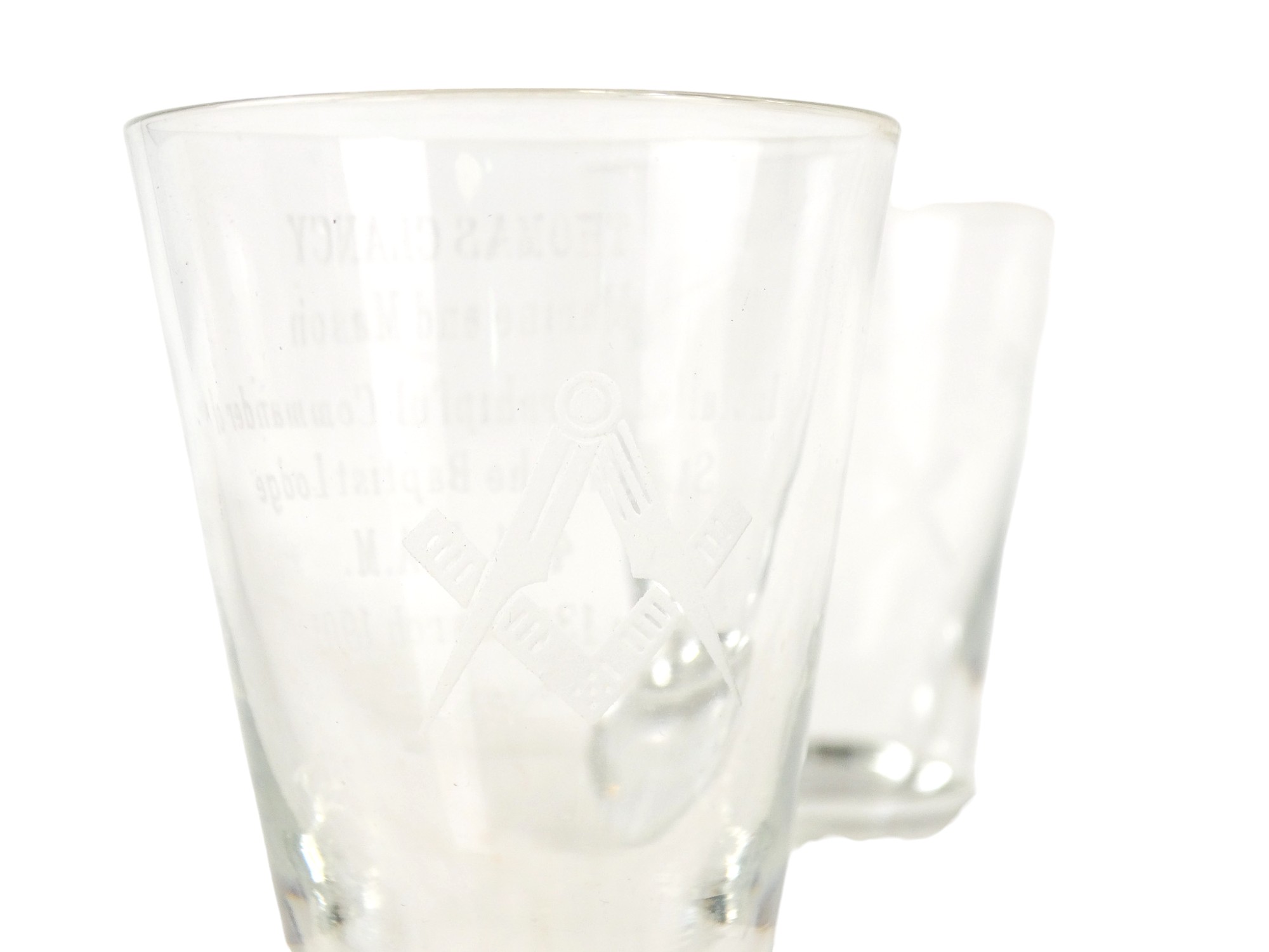 A pair of Freemasons centenary glasses - with etched decoration, height 11cm. - Image 2 of 2