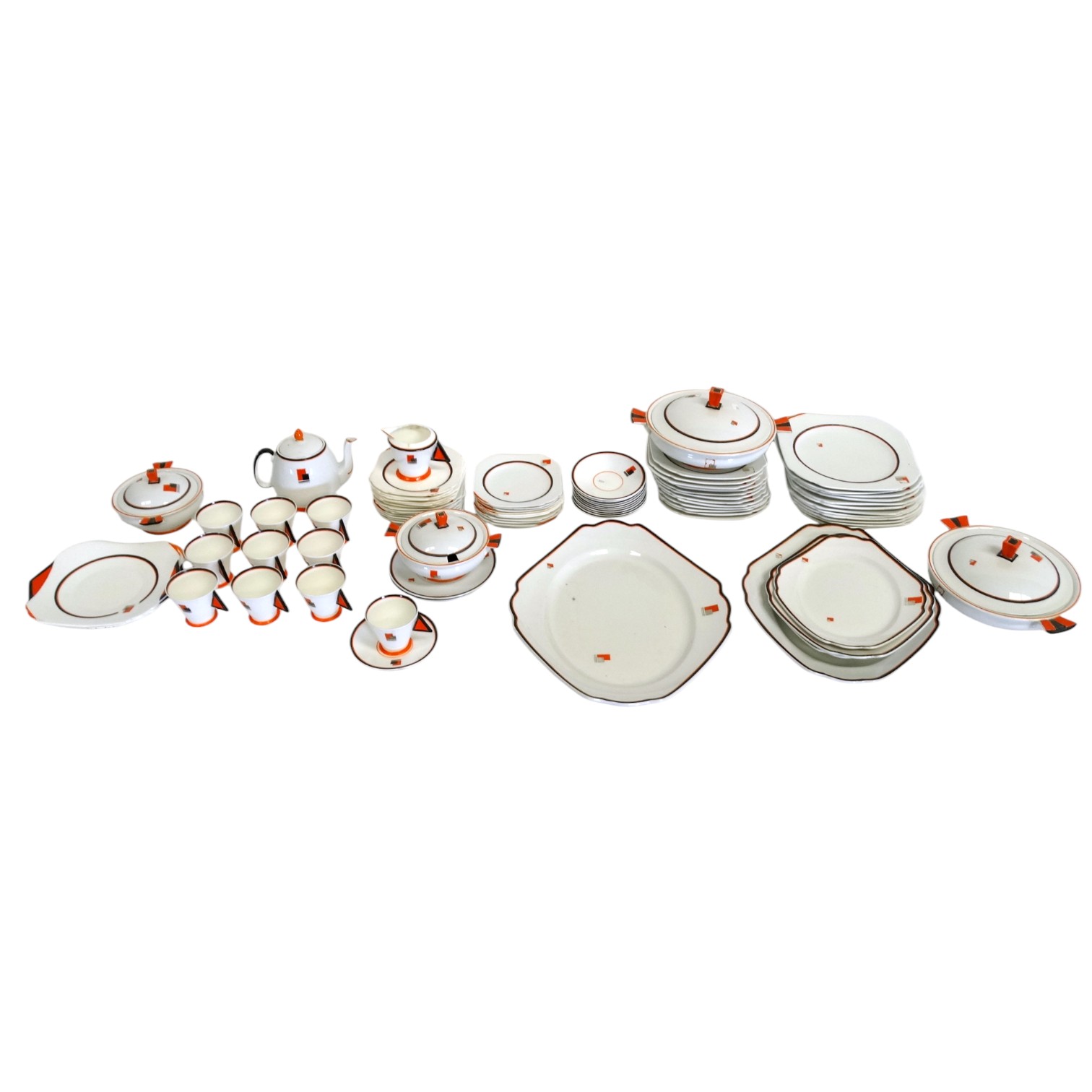 An extensive Shelley Art Deco dinner and tea service - decorated in orange and black on a white