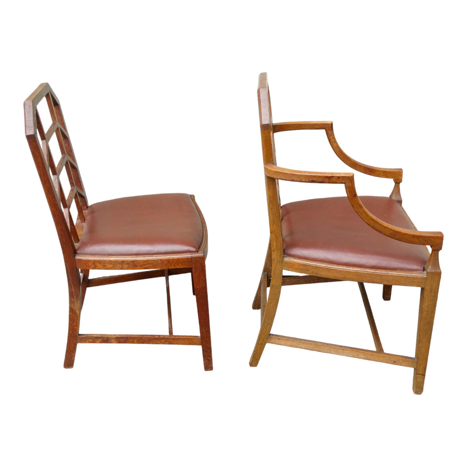A set of early 20th century oak dining chairs - in the Arts & Crafts manner, after Heals, two with - Image 5 of 6