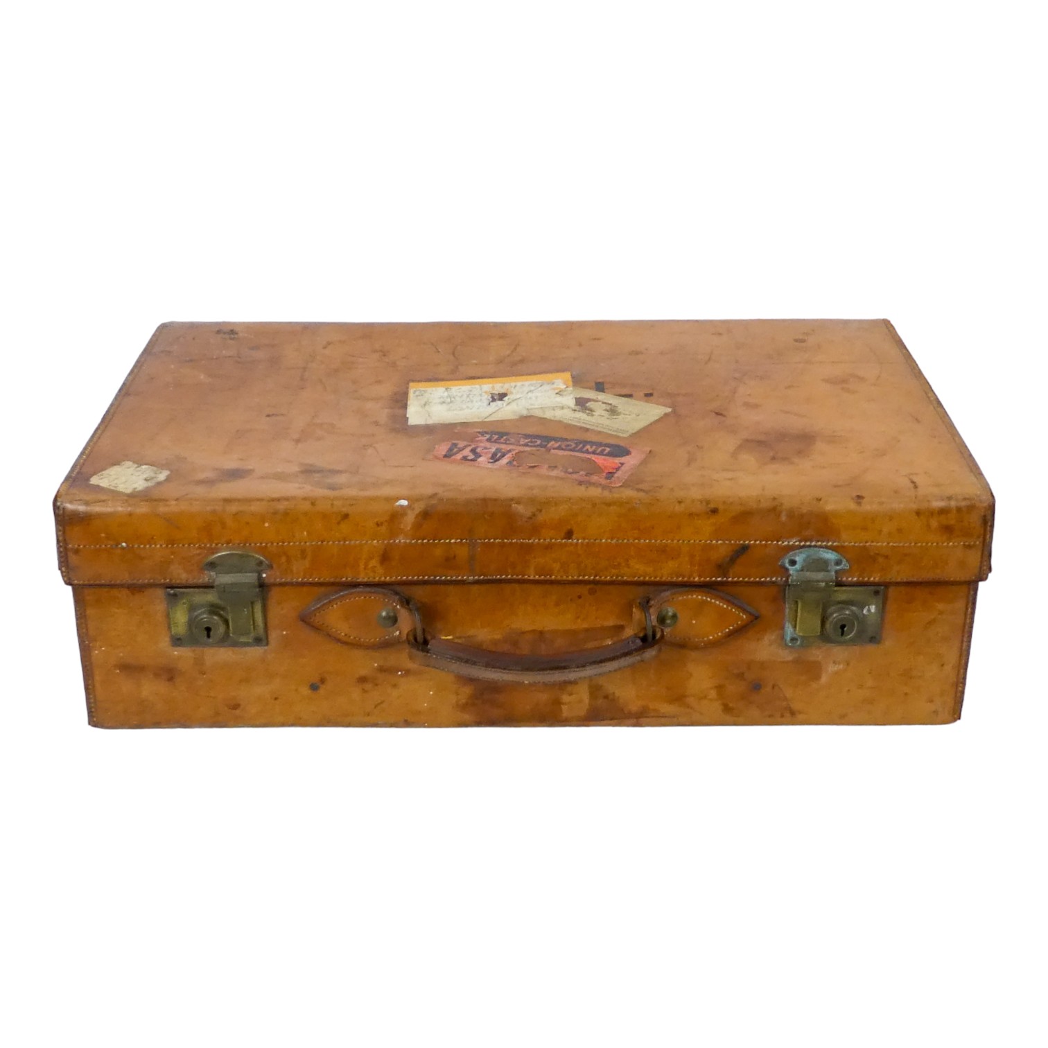 An early 20th century tan leather suitcase - with interesting luggage labels, together with - Image 3 of 11