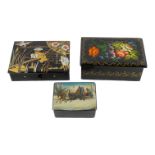 A 20th century Russian stamp box - rectangular and decorated with flowers, together with two further