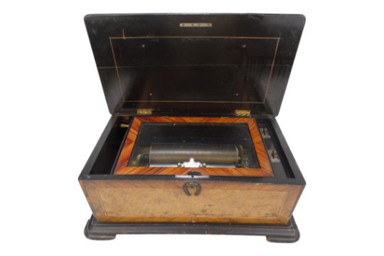 A 19th century Swiss cylinder music box - walnut and amboyna veneered box, the cylinder playing - Image 2 of 10