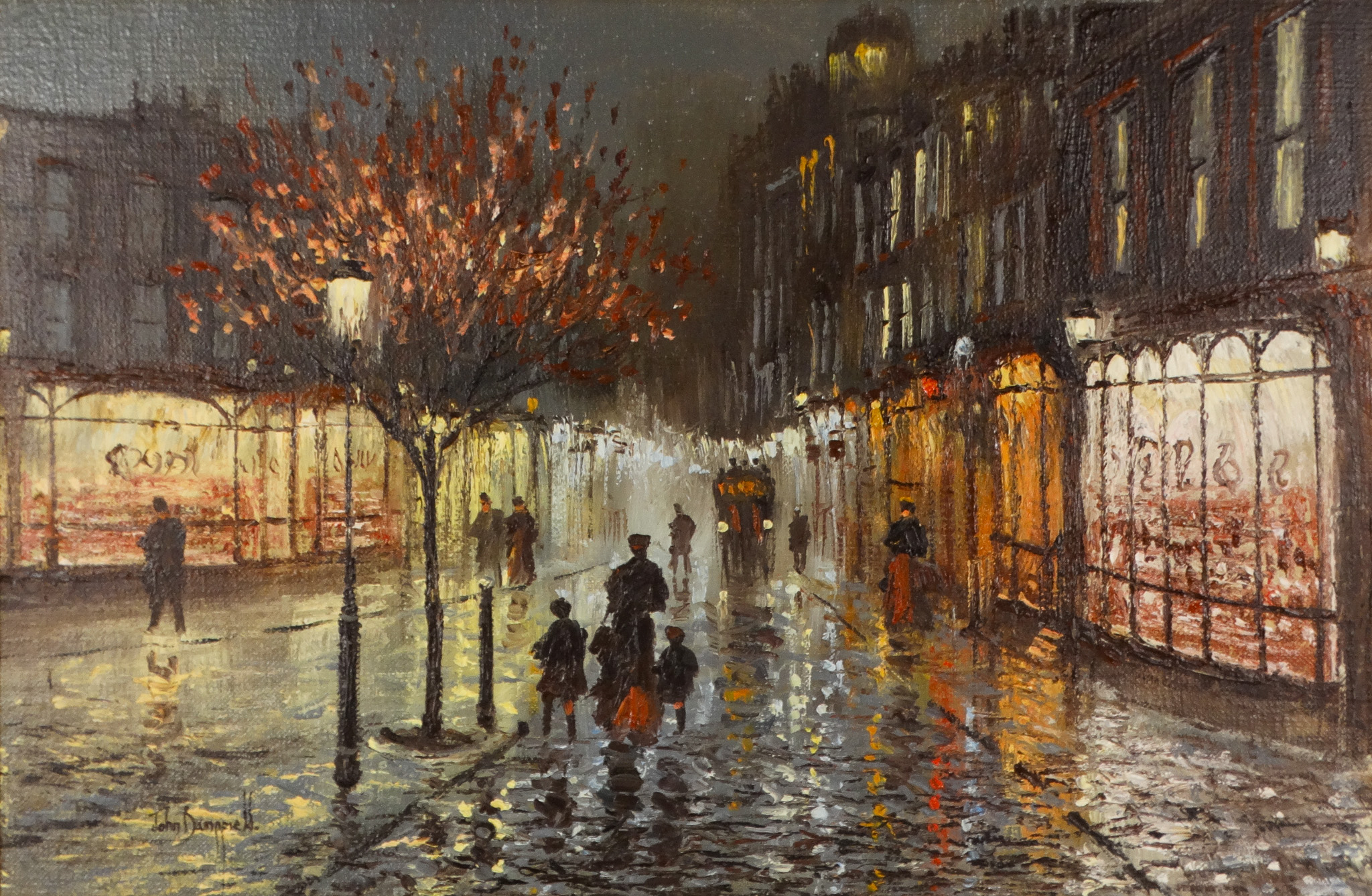 # John Bampfield (b. 1947) Rainy Street Scene Oil on canvas Signed lower left Framed Picture size 49