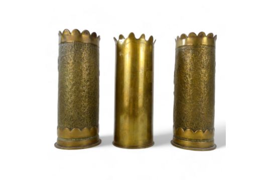 Three WWI Trench Art shell cases - two with floral decoration and one inscribed 'Verdun 1916', - Image 2 of 4