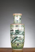 A rouleau vase in Chinese famille verte porcelain 'landscape', circa 1900