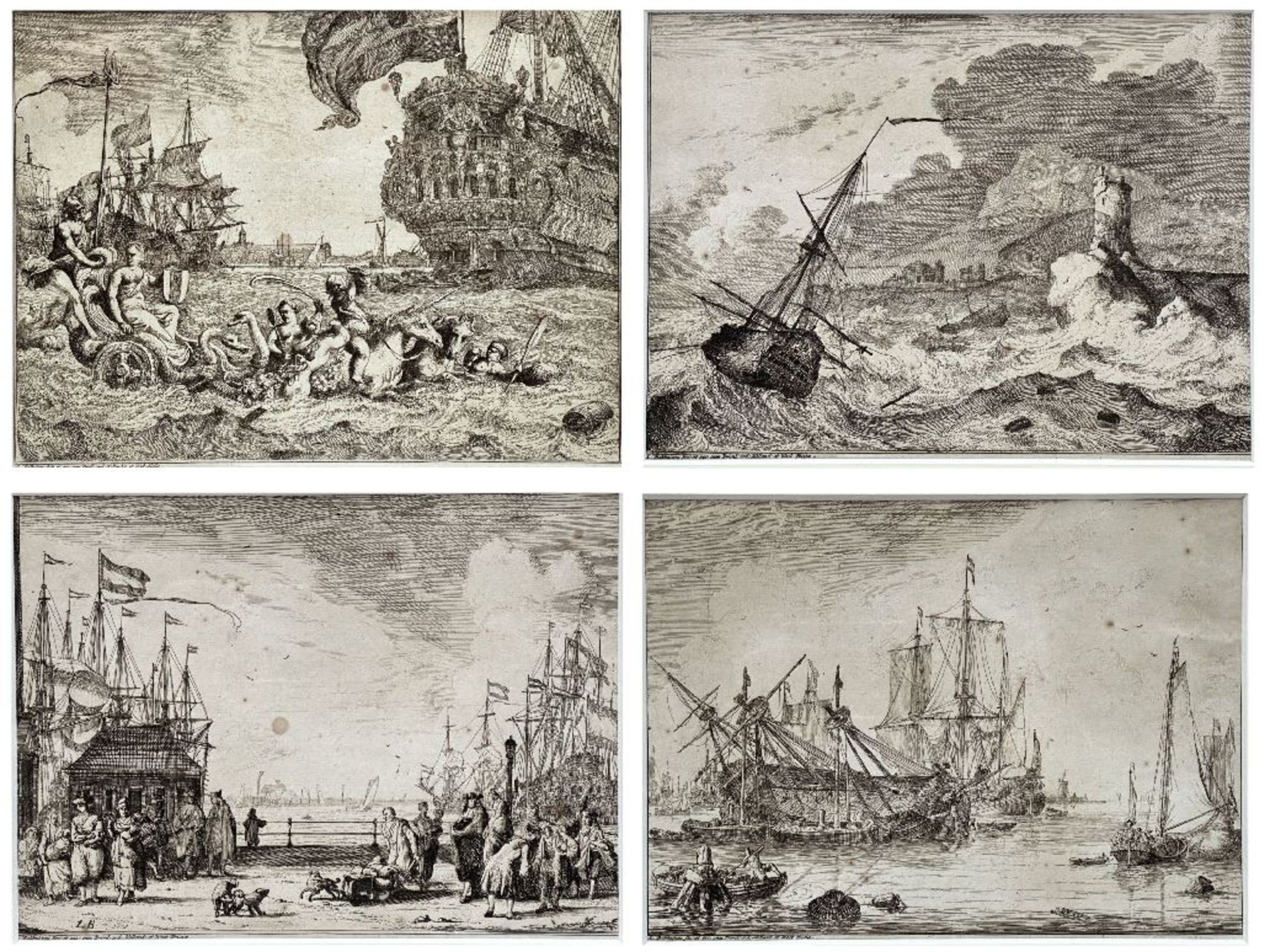 Ludolf Bakhuizen: series of 4 engravings 'harbor and maritime scenes'