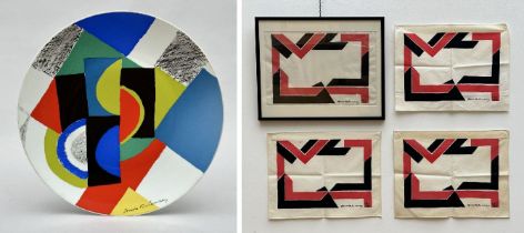 Sonia Delaunay (after): dish 'Circular rhythms' and 4 prints on textile 'claridge' (ed. Artcurial)