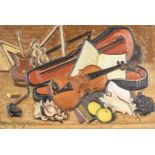 Hubert Malfait: painting (o/c) 'still life with instruments'