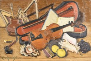 Hubert Malfait: painting (o/c) 'still life with instruments'