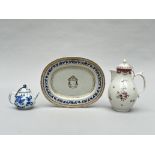 Collection of Chinese porcelain, 18th century: blue and white teapot, coffee cup and dish with monog