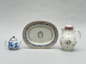 Collection of Chinese porcelain, 18th century: blue and white teapot, coffee cup and dish with monog