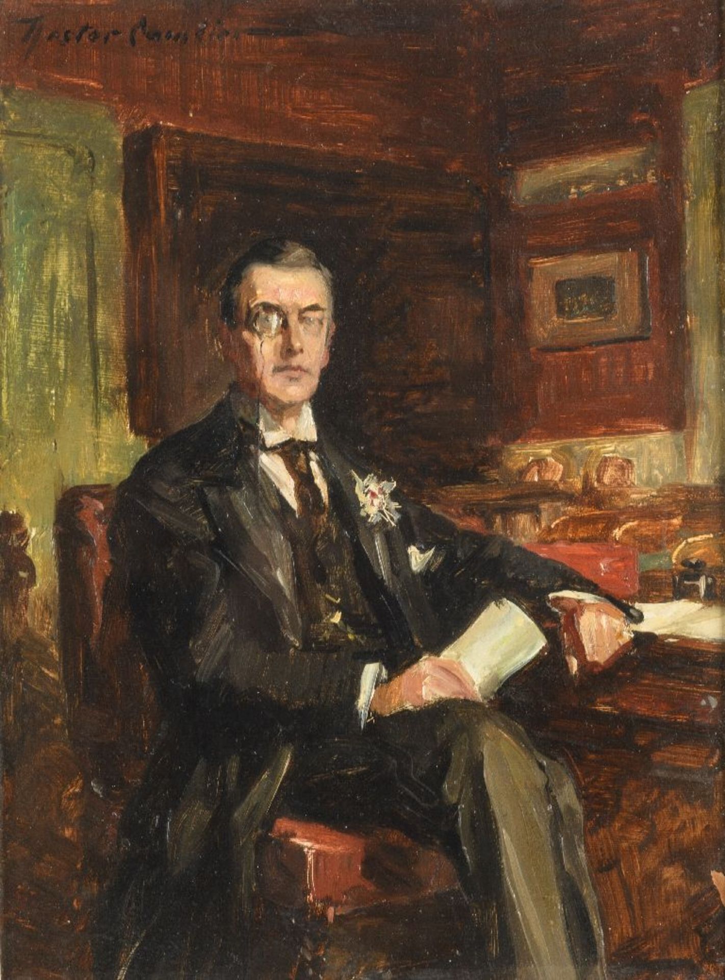 Nestor Cambier: painting (oil/cardboard) 'study for portrait of Joseph Chamberlain'