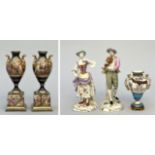 Collection of porcelain: a pair of Royal Vienna vases, two porcelain sculptures and a decorative vas