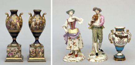Collection of porcelain: a pair of Royal Vienna vases, two porcelain sculptures and a decorative vas