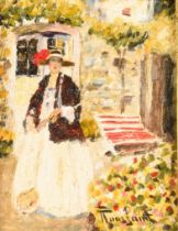 Fernand Toussaint: painting (o/p) 'lady in garden'