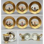 Lot: 6 porcelain plates 'characters', 3 porcelain cups and , France 19th century