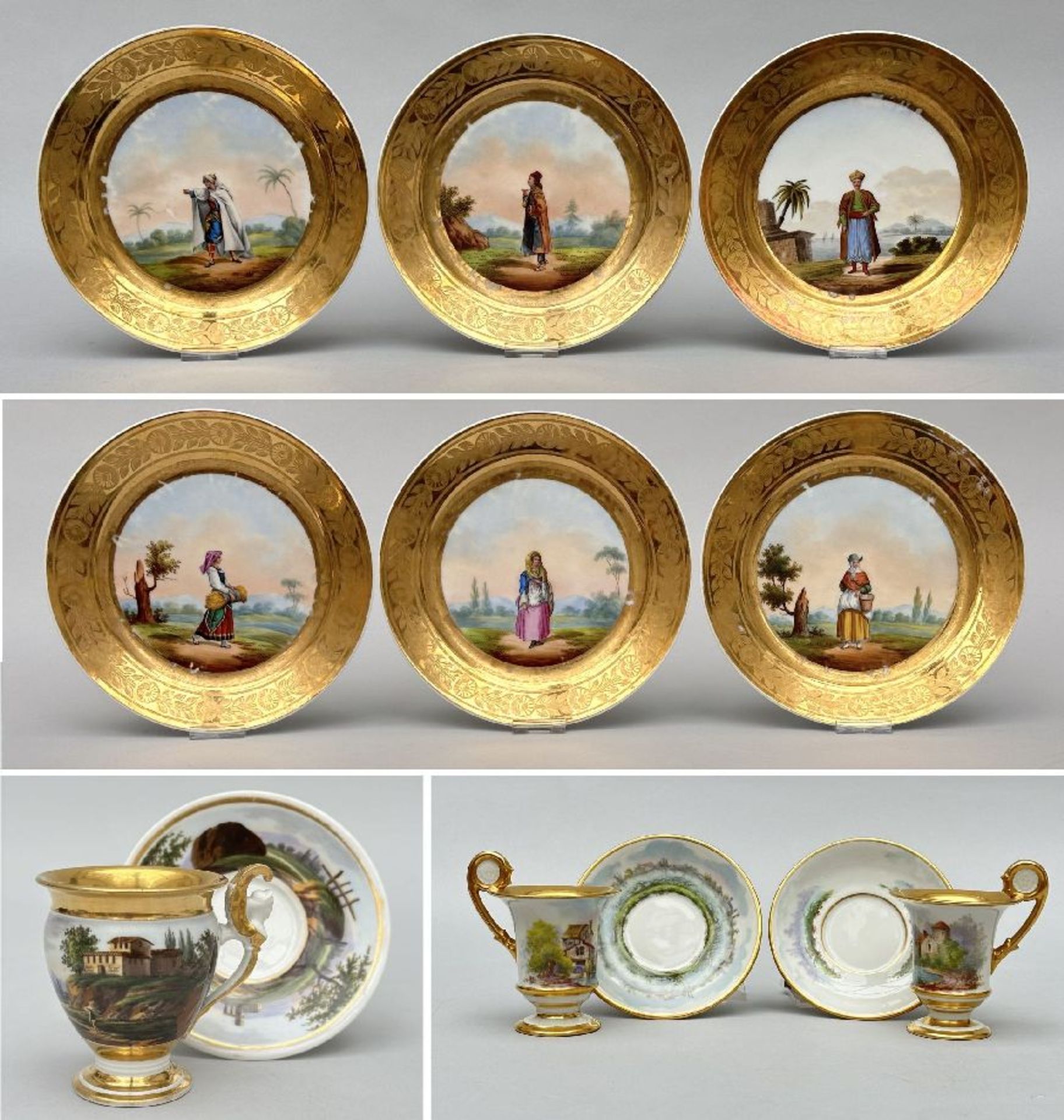 Lot: 6 porcelain plates 'characters', 3 porcelain cups and , France 19th century