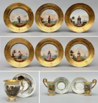 Lot: 6 porcelain plates 'characters', 3 porcelain cups and , France 19th century