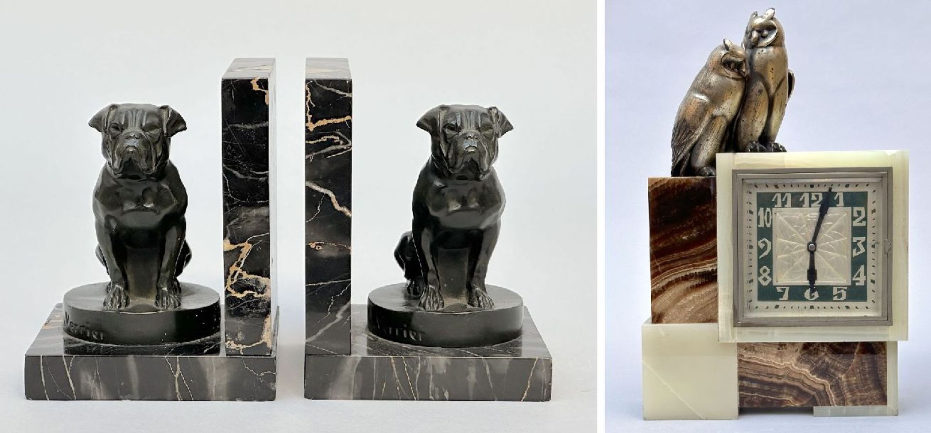 Lot: Max Le Verrier: pair of bookends and Art deco clock in onyx and zamac 'owls'