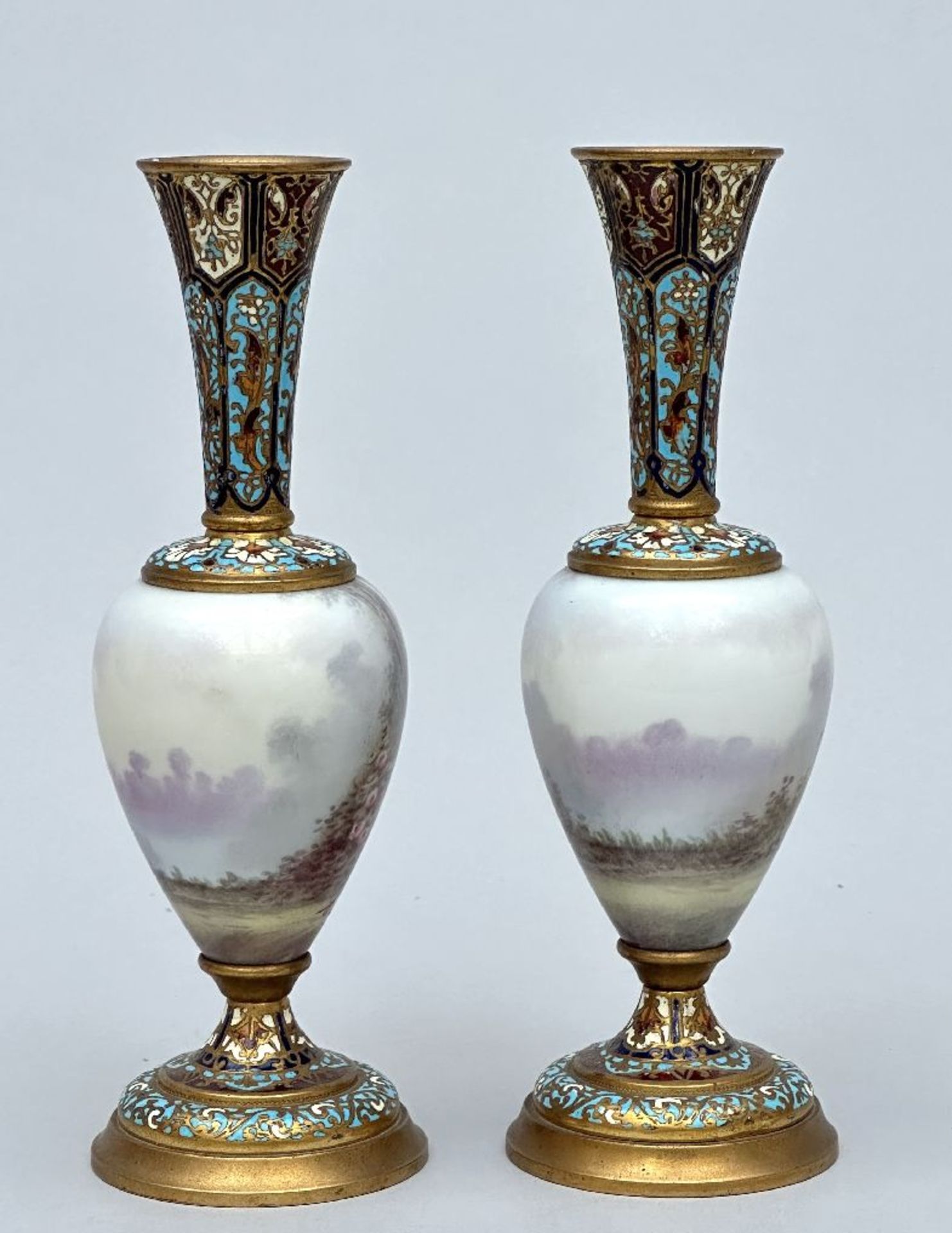 Pair of miniature vases in champlevé 'Putti' - Image 2 of 5