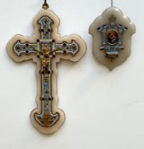 Crucifix and holy water font in champlevé and onyx